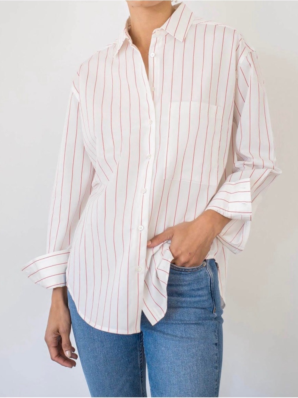 AYR • The Deep End Button Down Shirt in White with Red Stripe